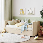Twin Size Upholstered daybed with Pop Up Trundle, Beige