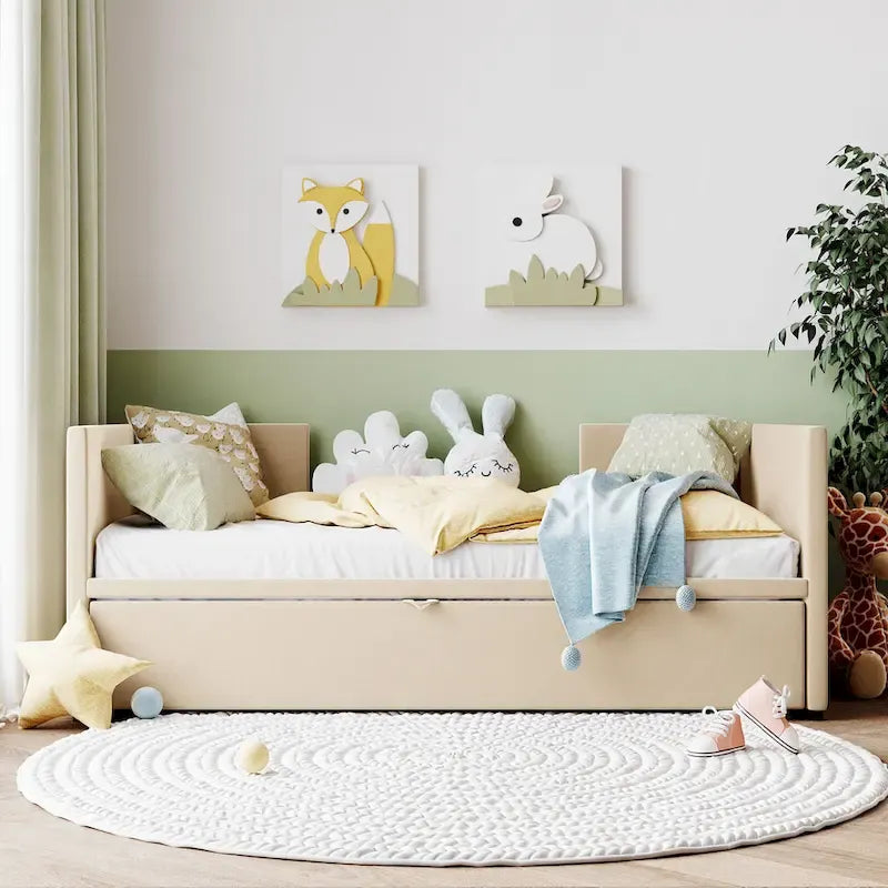 Divano letto imbottito con letto estraibile a scomparsa, colore beige, una piazza