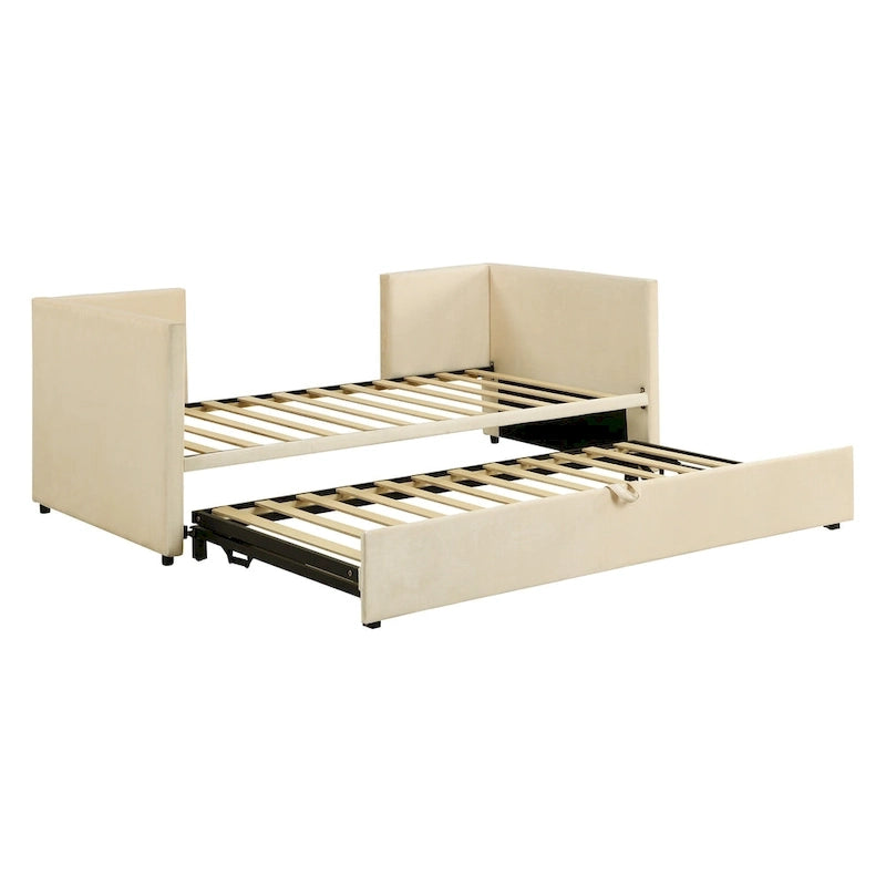 Divano letto imbottito con letto estraibile a scomparsa, colore beige, una piazza