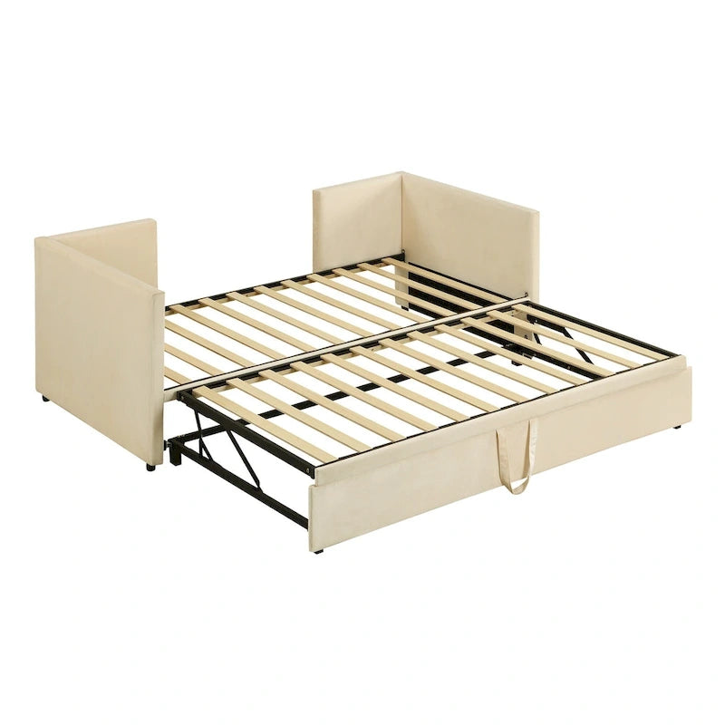 Divano letto imbottito con letto estraibile a scomparsa, colore beige, una piazza