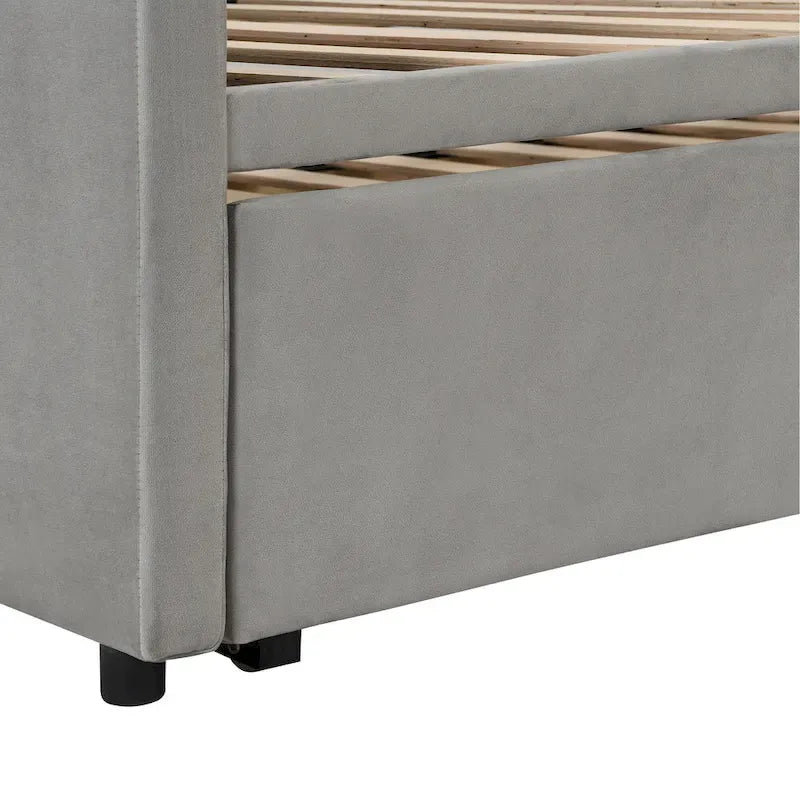 Divano letto imbottito con letto estraibile a scomparsa, colore beige, una piazza