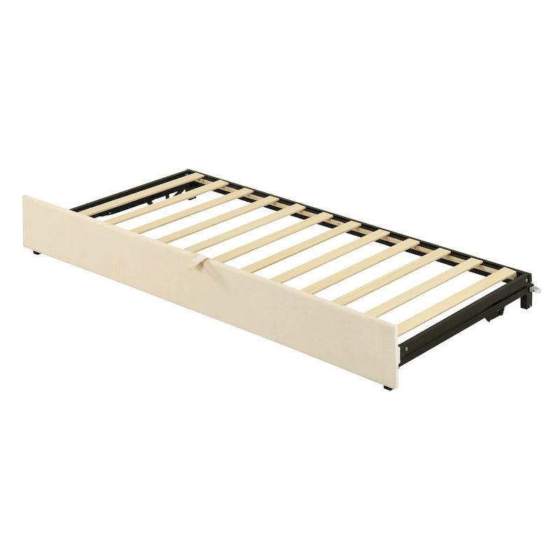 Divano letto imbottito con letto estraibile a scomparsa, colore beige, una piazza