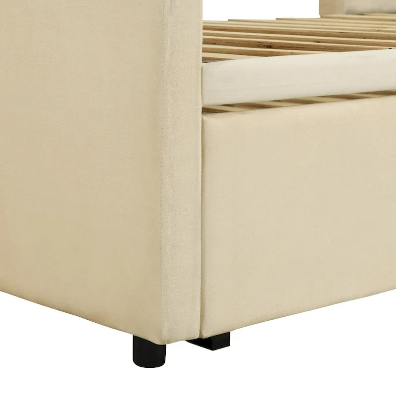 Divano letto imbottito con letto estraibile a scomparsa, colore beige, una piazza