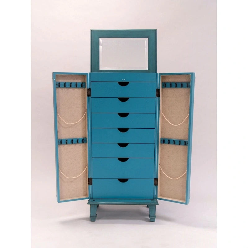 Mobile portagioie vintage turchese dipinto a mano con maniglie antiche - 13.8 x 19 x 40 pollici