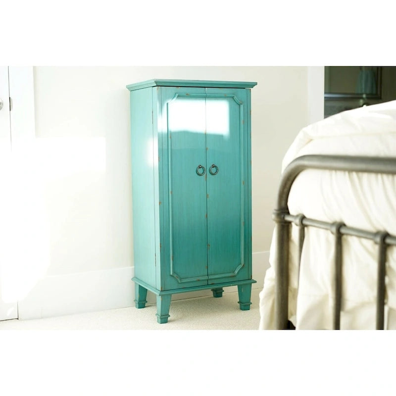 Mobile portagioie vintage turchese dipinto a mano con maniglie antiche - 13.8 x 19 x 40 pollici