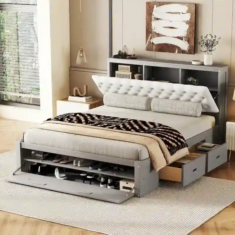 Letto a piattaforma in legno con testiera contenitore, scarpiera e 4 cassetti