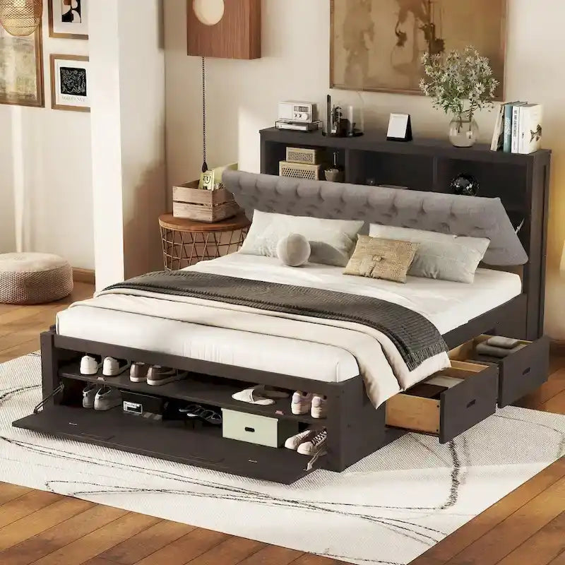 Letto a piattaforma in legno con testiera contenitore, scarpiera e 4 cassetti