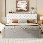 Letto a piattaforma in legno con testiera contenitore, scarpiera e 4 cassetti