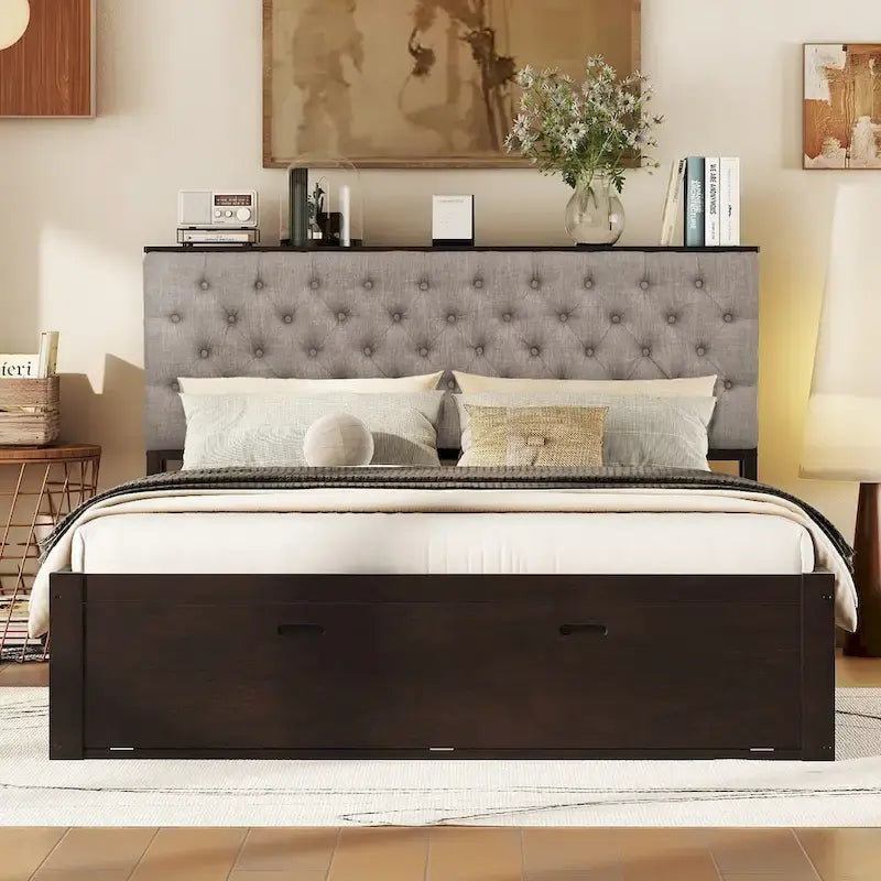 Letto a piattaforma in legno con testiera contenitore, scarpiera e 4 cassetti