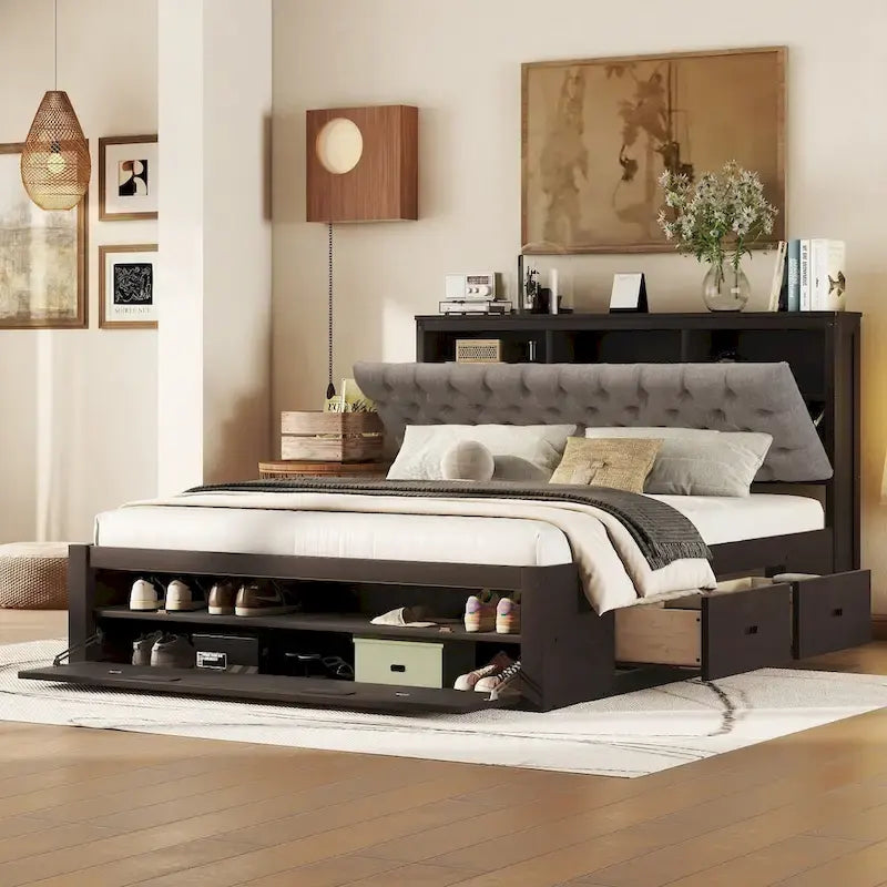 Letto a piattaforma in legno con testiera contenitore, scarpiera e 4 cassetti