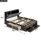 Letto a piattaforma in legno con testiera contenitore, scarpiera e 4 cassetti