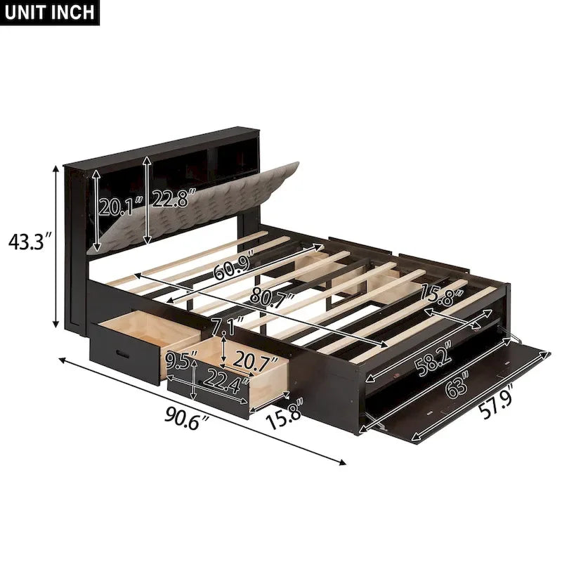 Letto a piattaforma in legno con testiera contenitore, scarpiera e 4 cassetti
