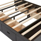Letto a piattaforma in legno con testiera contenitore, scarpiera e 4 cassetti