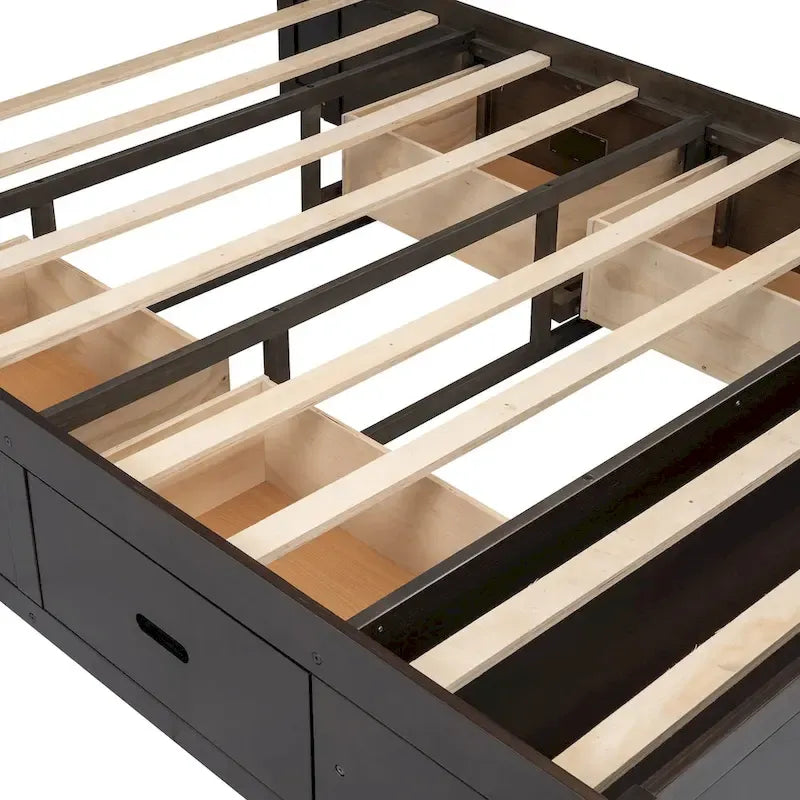 Letto a piattaforma in legno con testiera contenitore, scarpiera e 4 cassetti