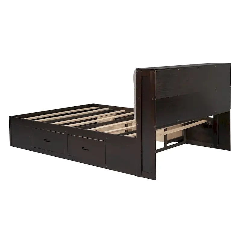 Letto a piattaforma in legno con testiera contenitore, scarpiera e 4 cassetti