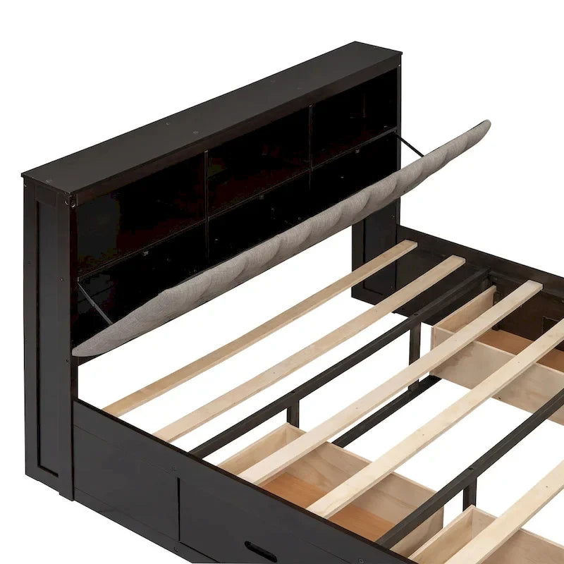 Letto a piattaforma in legno con testiera contenitore, scarpiera e 4 cassetti