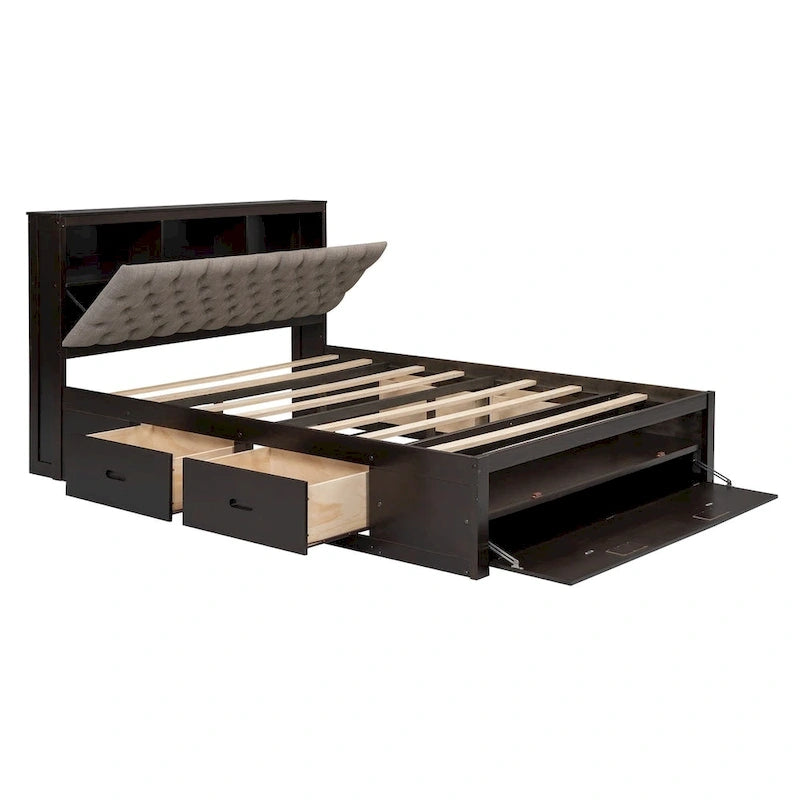 Letto a piattaforma in legno con testiera contenitore, scarpiera e 4 cassetti