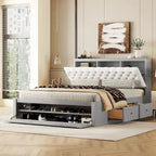 Letto a piattaforma in legno con testiera contenitore, scarpiera e 4 cassetti