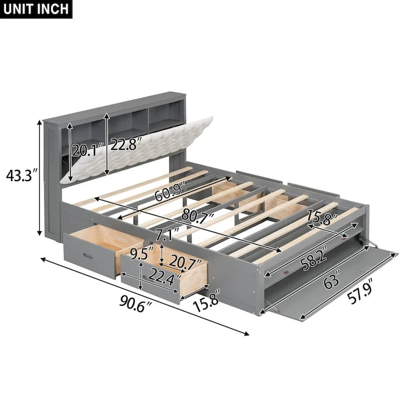 Letto a piattaforma in legno con testiera contenitore, scarpiera e 4 cassetti