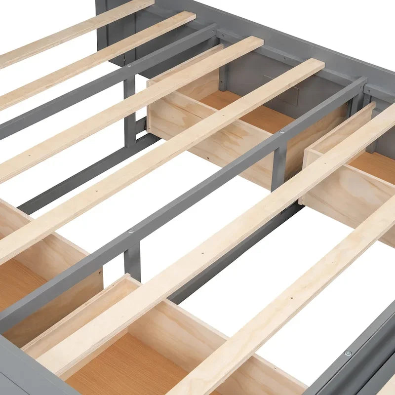 Letto a piattaforma in legno con testiera contenitore, scarpiera e 4 cassetti