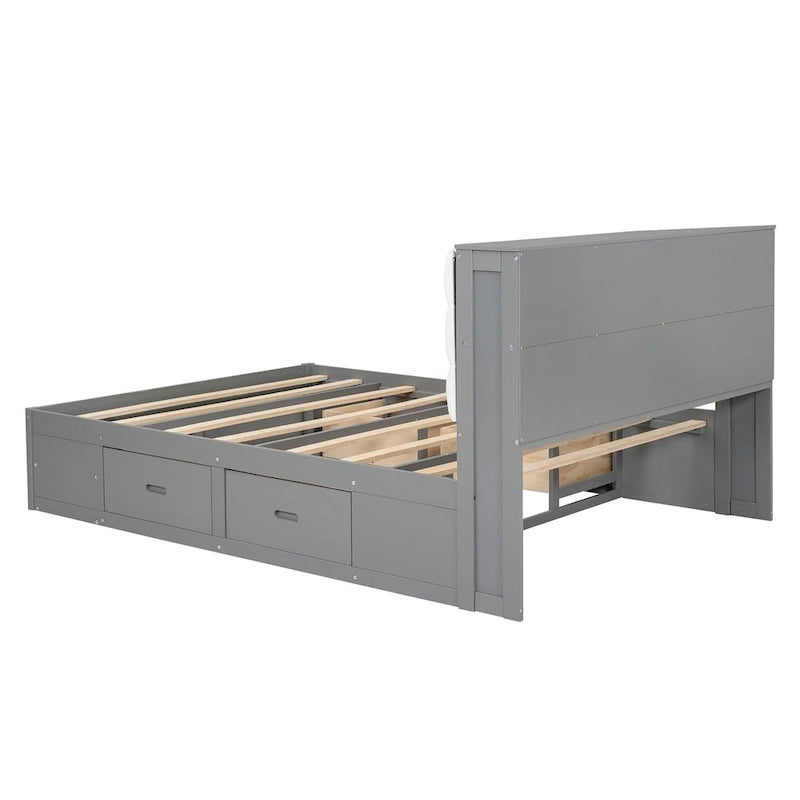 Letto a piattaforma in legno con testiera contenitore, scarpiera e 4 cassetti
