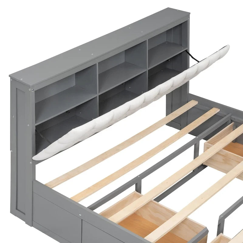 Letto a piattaforma in legno con testiera contenitore, scarpiera e 4 cassetti