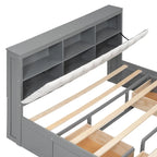 Letto a piattaforma in legno con testiera contenitore, scarpiera e 4 cassetti