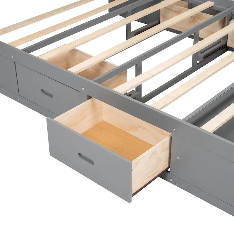Letto a piattaforma in legno con testiera contenitore, scarpiera e 4 cassetti