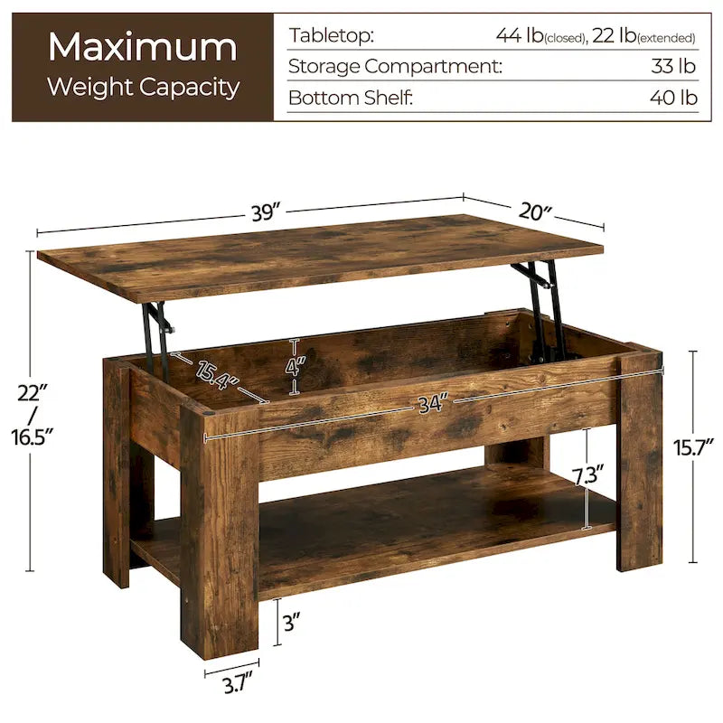 Tavolino da caffè sollevabile da 38,6" con ripiano portaoggetti nascosto, tavolino da salotto moderno