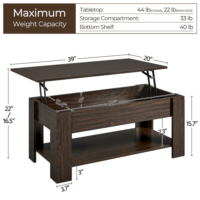 Tavolino da caffè sollevabile da 38,6" con ripiano portaoggetti nascosto, tavolino da salotto moderno