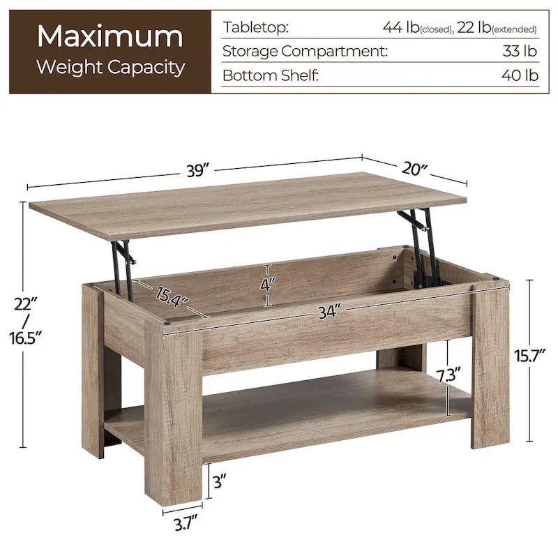 Tavolino da caffè sollevabile da 38,6" con ripiano portaoggetti nascosto, tavolino da salotto moderno