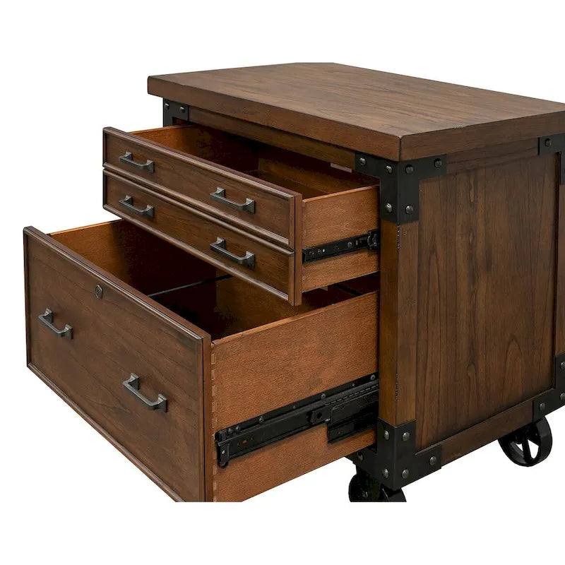 Classificatore laterale in legno rustico | Mobiletto per ufficio con 2 cassetti | Stile rustico
