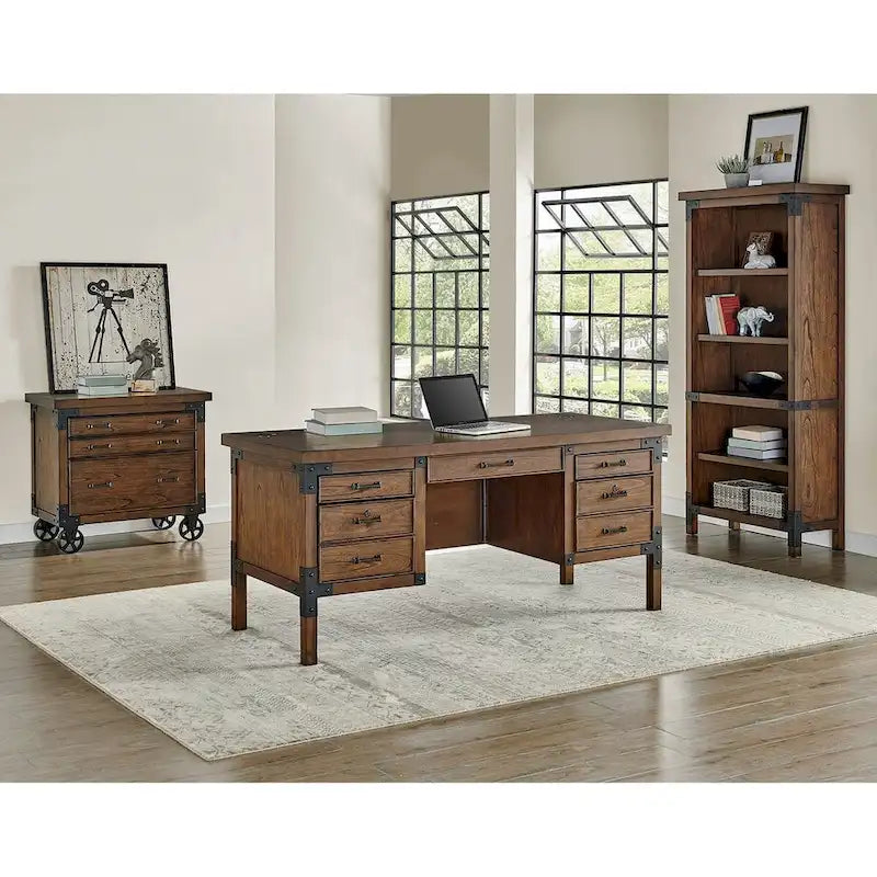 Classificatore laterale in legno rustico | Mobiletto per ufficio con 2 cassetti | Stile rustico