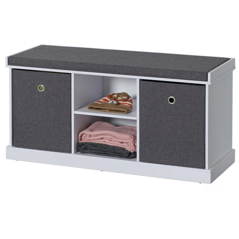 Panca Scarpiera in MDF con 2 Ripiani, Cesti Pieghevoli e Cuscino Grigio, Bianco